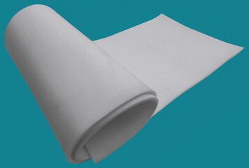 one roll of white thin sponge foam isolated on blue background