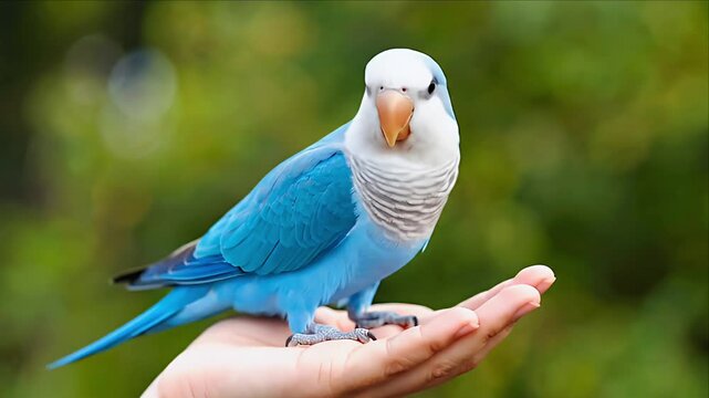 Blue parrot perched on hand