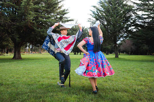 Chilean Folkloric Cueca Dance Pose in Traditional Dress