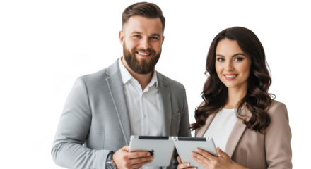 A smiling businessman and businesswoman holding tablets and looking at the camera, isolated on transparent background