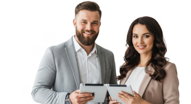 A smiling businessman and businesswoman holding tablets and looking at the camera, isolated on transparent background