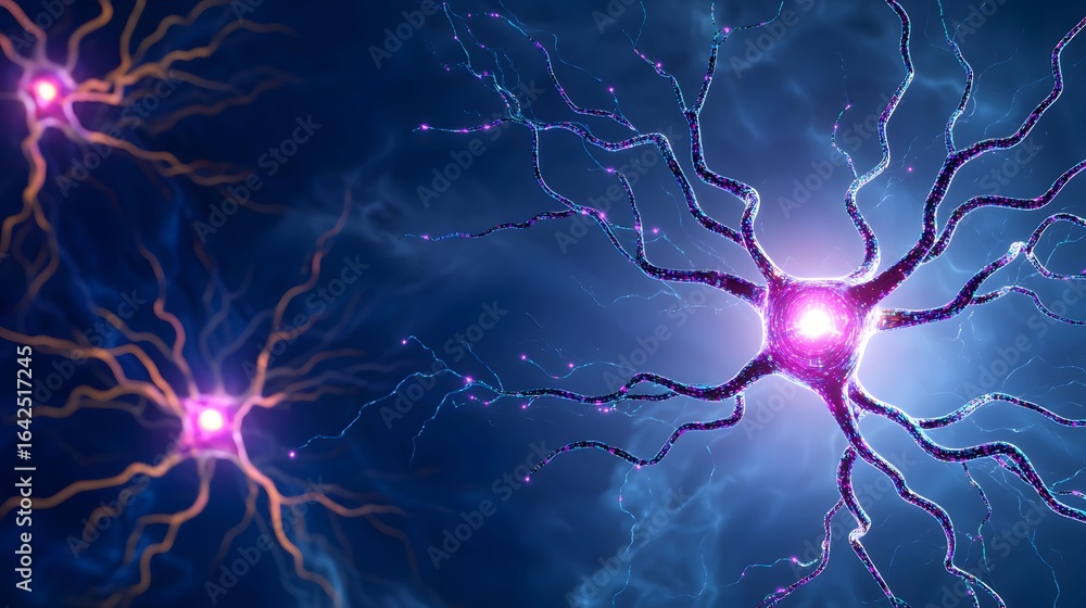 Aufkleber the image shows a close-up view of neurons with glowing synapses against a dark blue background, evo