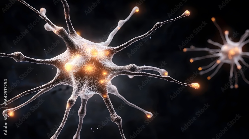 Aufkleber the image showcases a magnified view of neurons, intricately detailed with glowing nodes, set agains