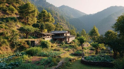 Obraz premium Mountain valley rustic house
