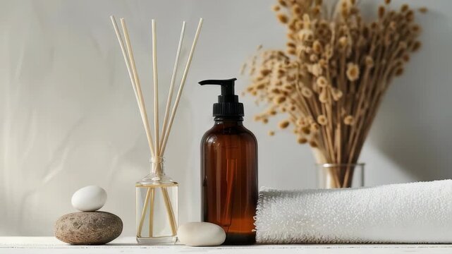 The still life showcases self-care items. A brown bottle with pump, diffuser with sticks, towel,, stones rest on white surface against simple backdrop, evokes calmness, relaxation