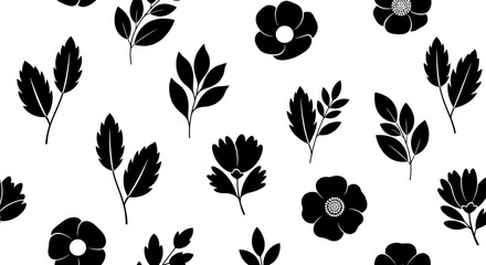 Black and white seamless pattern featuring various floral and leaf designs scattered across a white background.