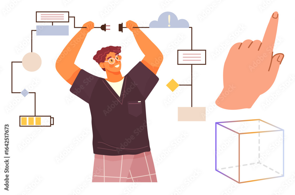 Poster man linking wires, battery, chart, and shapes. hand pointing, 3d cube outline. ideal for teamwork, i