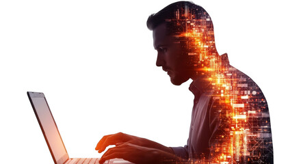 Silhouette of a man working on a laptop, with a vibrant digital network overlay symbolizing technology and connectivity, isolated on transparent background
