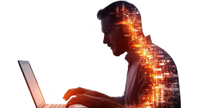Silhouette of a man working on a laptop, with a vibrant digital network overlay symbolizing technology and connectivity, isolated on transparent background - Powered by Adobe