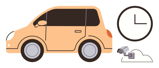 Yellow car near clock and CCTV camera suggesting parking, surveillance, time tracking, and security. Ideal for urban planning, regulation, logistics, privacy safety punctuality. Simple flat