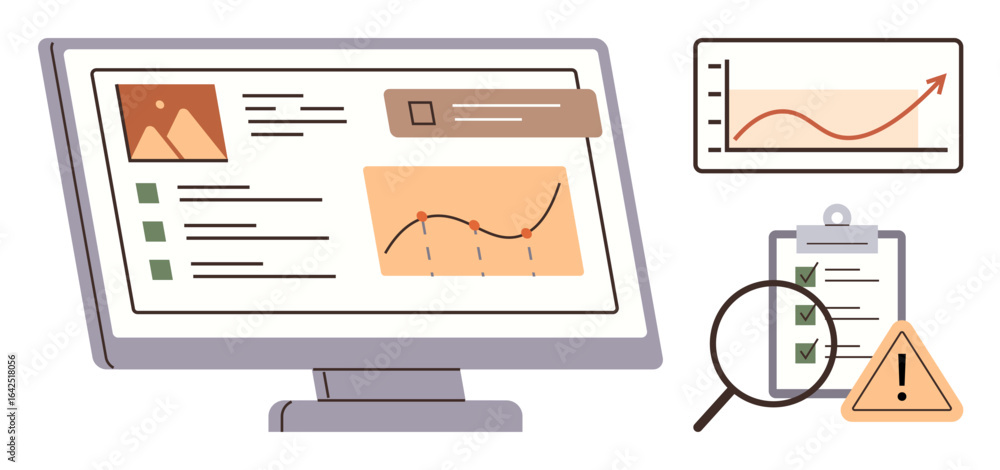Poster desktop screen displaying graphs, checklist on a clipboard, warning sign, and magnifying glass. idea