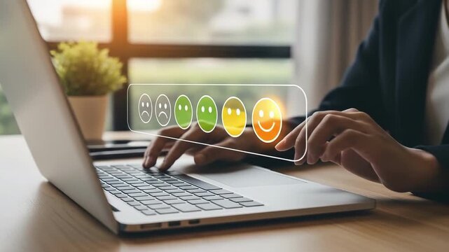 A person selects a positive feedback option on a virtual survey using a laptop in a bright home office setting