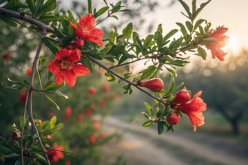 Obraz premium Close-up of Pomegranate Tree Branch with Bright Red Flowers Blossoming under Natural Daylight