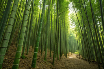 Fototapeta premium Dense Bamboo Forest with Tall Green Stalks Casting Soft Shadows on Forest Floor