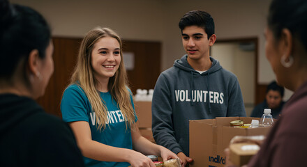 Smiling young volunteers helping with community food distribution, showing teamwork and charity
