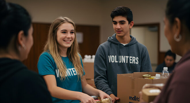 Smiling young volunteers helping with community food distribution, showing teamwork and charity