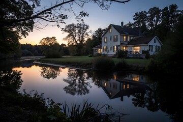 Serene Twilight Reflection of a Lakeside House with Illuminated Windows at Dusk