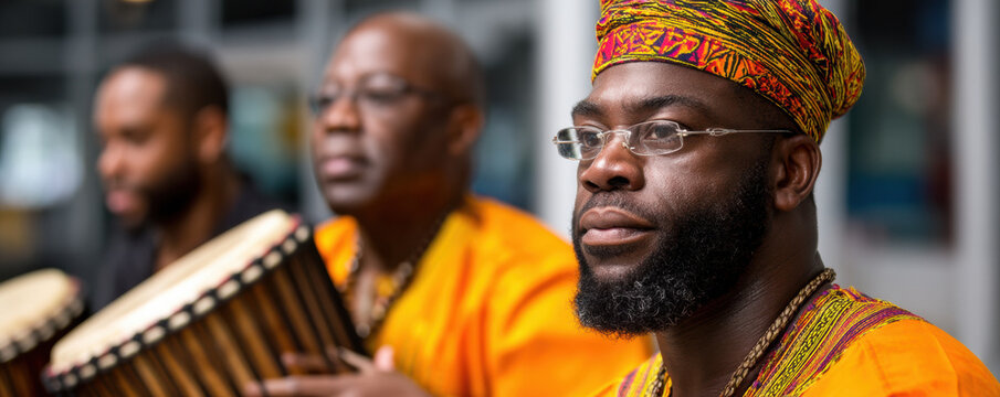 vibrant scene featuring musicians in traditional attire playing drums, showcasing cultural expression and community spirit. - Powered by Adobe