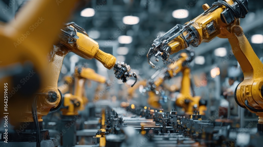 Poster yellow robotic arms working diligently on an assembly line in a modern factory, executing automated 