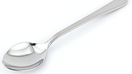 Close-up horizontal view of shiny stainless spoon centered on bright white surface, captured with 50mm focal length for natural perspective and balanced shadows