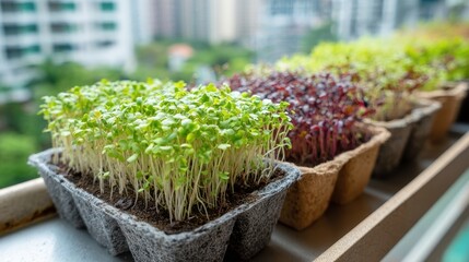 Seedlings of various microgreens thrive in biodegradable pots on a balcony, adding a touch of green to city life and promoting sustainable food practices
