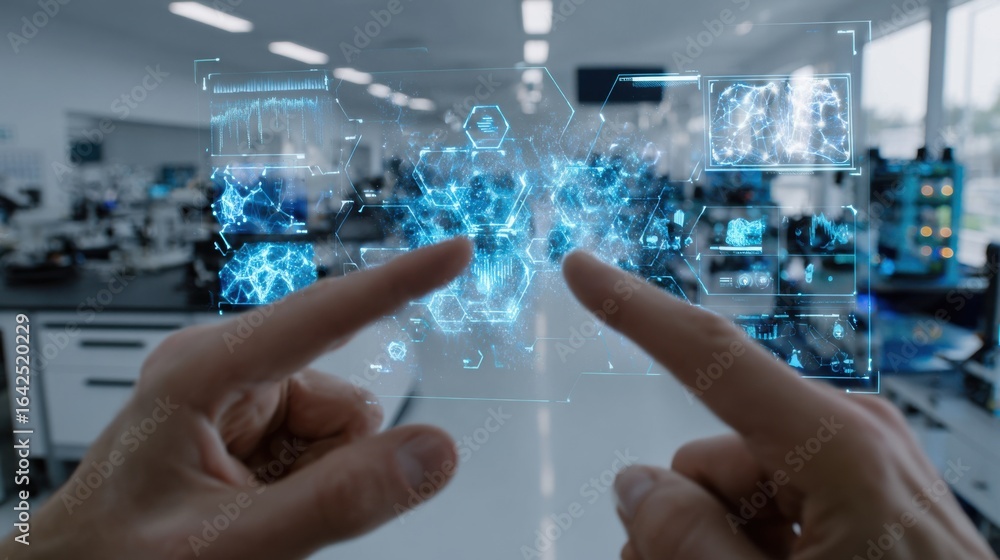 Poster medium shot capturing hands pointing at a touchscreen interface with vivid augmentedanalytics data v