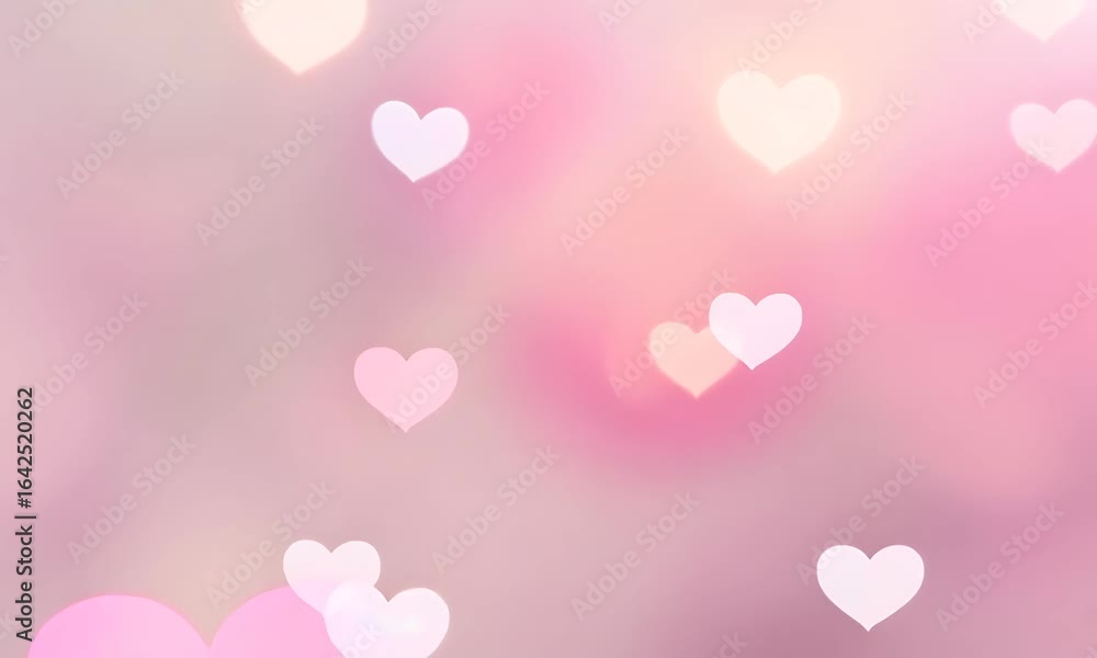 Poster soft pink bokeh background featuring floating heart shapes and glowing light