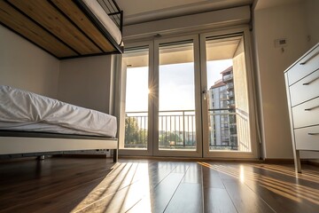 Obraz premium Modern Bedroom with Stunning Sunrise View and Wooden Bunk Bed