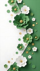 Green and white paper flowers with gold details, split green - white background.