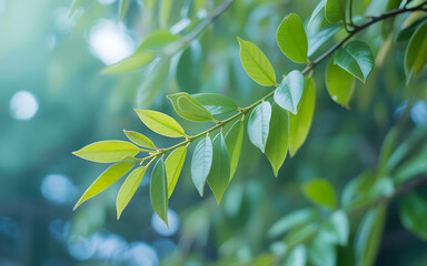 Obraz premium Close up of green leaves on a branch with bokeh background