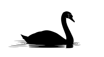 Silhouette of a black swan gracefully swimming in water, depicted against a white background.