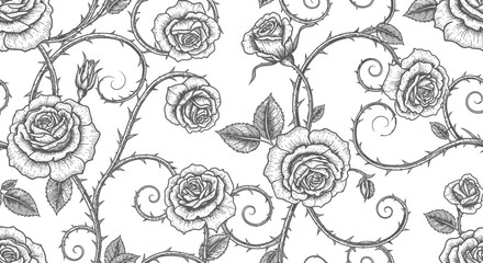 Detailed monochrome drawing of roses with thorny stems and leaves, creating a seamless floral pattern.