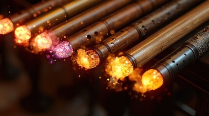 Obraz premium An assortment of stylized musical wind instruments (e.g., a flute of crystal, a horn of polished wood, a panpipe of metallic reeds), each emitting a different colored sound wave visual.