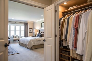 Serene Bedroom Interior Design with Walk-in Closet and Neutral Tones