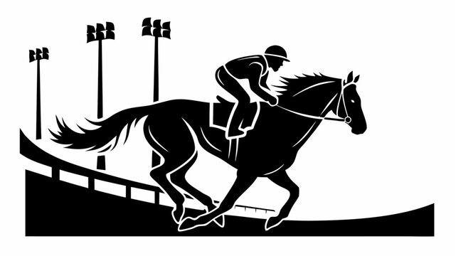 Silhouette of a horse and jockey racing on a track with lights in the background in black and white art | editable eps vectors