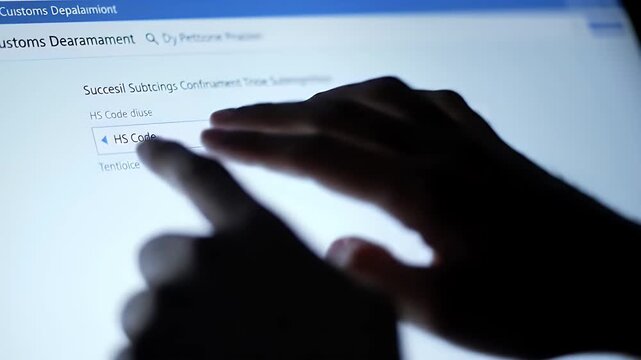 Navigating Customs Depalaimiont: A Hand Interacting with a Touchscreen Interface showing HS Code