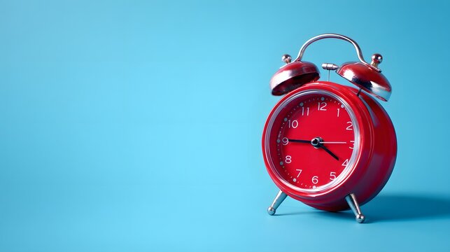 Red alarm clock isolated on blue background in clean product shot.