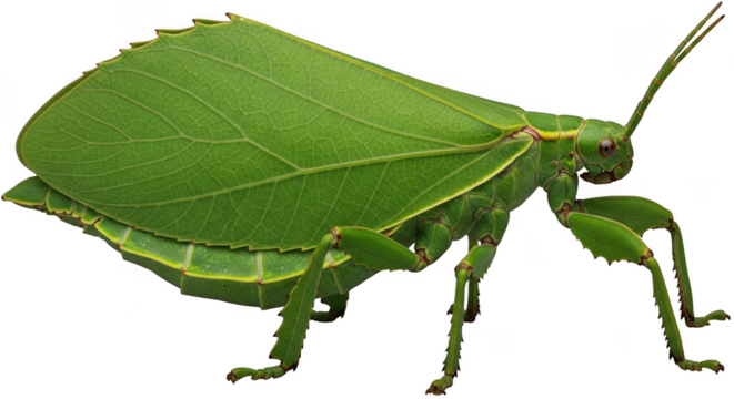 A vibrant green katydid insect, expertly camouflaged to resemble a leaf, isolated on a transparent background