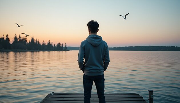 Contemplative figure gazes at tranquil lake during golden hour, evoking serenity and solitude