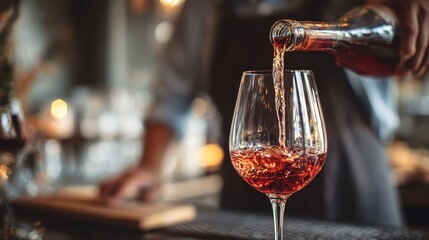 Rose wine pours into a glass, bar scene. Great for drinks, celebration, or wine tasting.