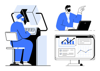 Programmer developing software at workstation, manager discussing insights, data charts on screen. Ideal for teamwork, technology, productivity, analytics, business strategy, collaboration simple
