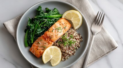 Delicious salmon fillet with quinoa and sautéed greens served on a plate with lemon wedges