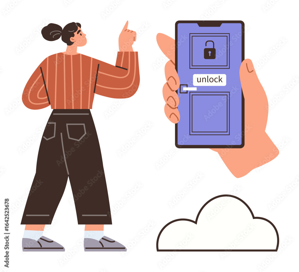 Poster woman pointing while a hand holds smartphone displaying a locked screen with unlock button. cloud at