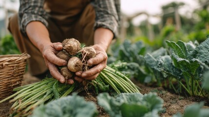 Senior farmer showing freshly picked turnips in his hands, with a wicker basket and kale plants in the background, on a sunny day in the countryside