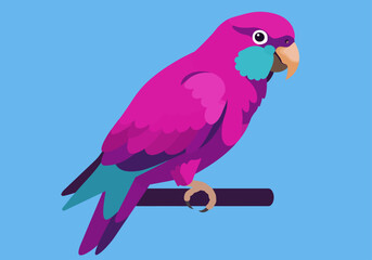 Fototapeta premium A vibrant, stylized illustration of a bright pink parrot with turquoise accents perched on a dark brown branch against a solid blue background.