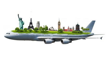 Airplane with world landmarks and green landscape on top, isolated on transparent background