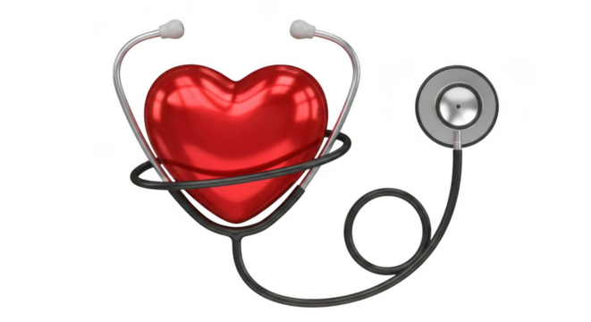 Red heart with a stethoscope wrapped around it, isolated on transparent background, symbolizing health and medical care - Powered by Adobe