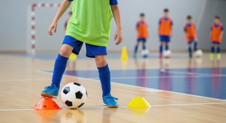 A young soccer player in a green bib and blue shorts dribbles a ball around orange cones during an indoor training session