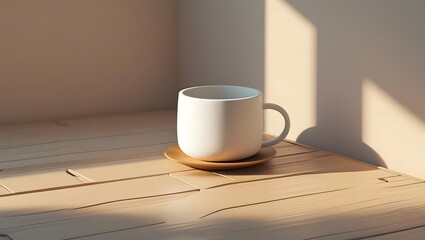 Minimal White Ceramic Mug on Wooden Table in Soft Natural Light
