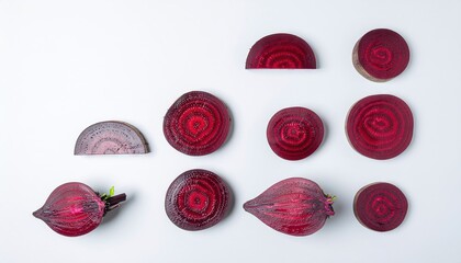 Fototapeta premium Creative layout made of beetroot flat lay on white background showcasing fresh vibrant root vegetables, ideal for healthy food photography, recipe design, organic branding, and culinary projects.